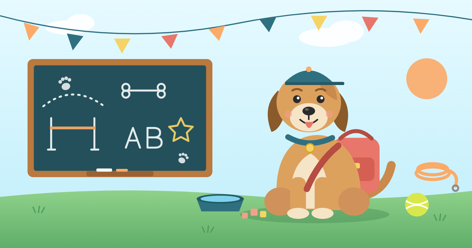 Illustration : un chien avec casquette et cartable devant un tableau noir, avec gamelle, balle et laisse